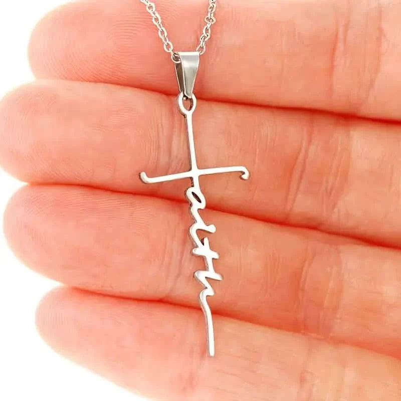 Faith Script Cross Pendant Necklace – Stainless Steel