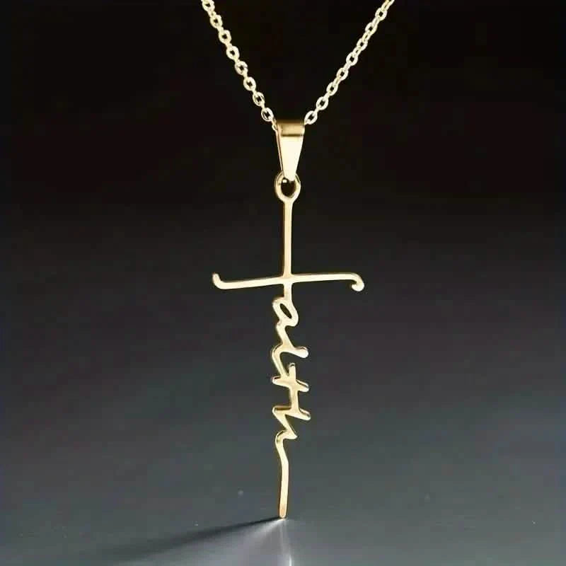 Faith Script Cross Pendant Necklace – Stainless Steel